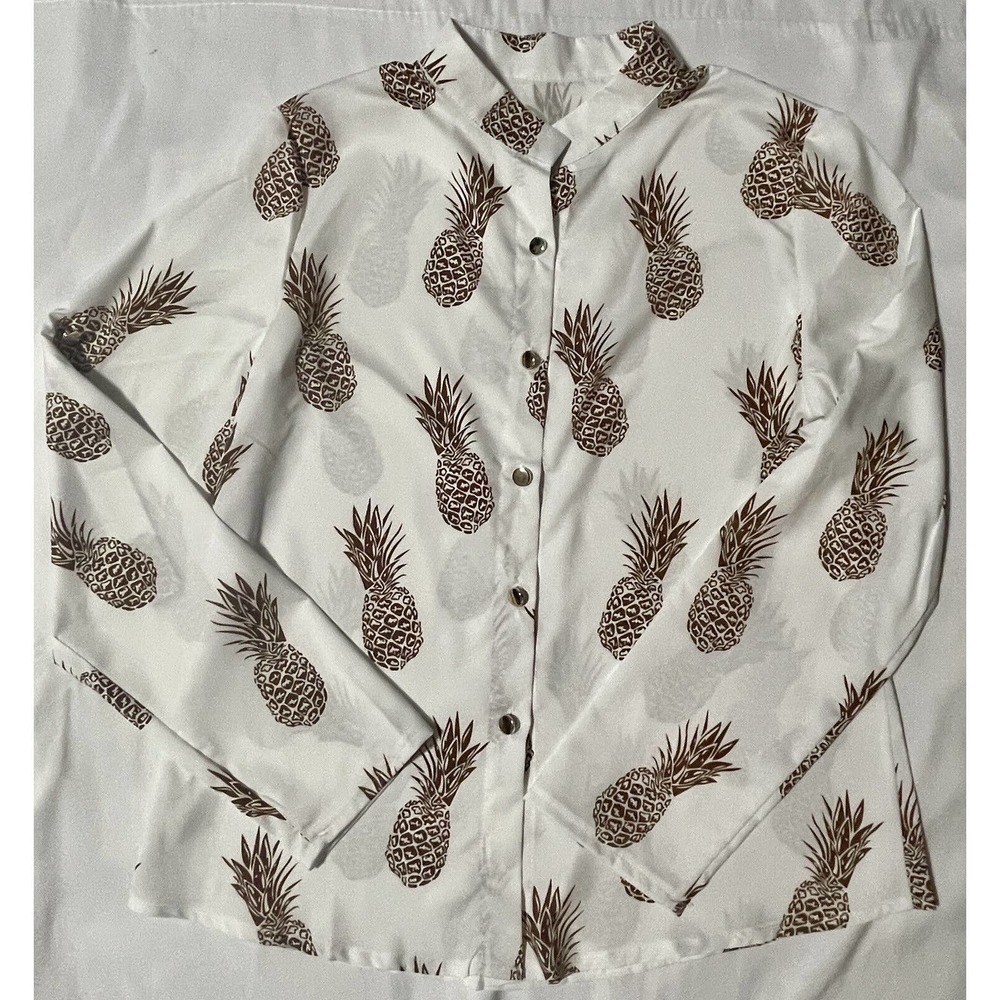 Pineapple Button Down Mandarin Collar Silky Vacation Aloha Size XL - Womens